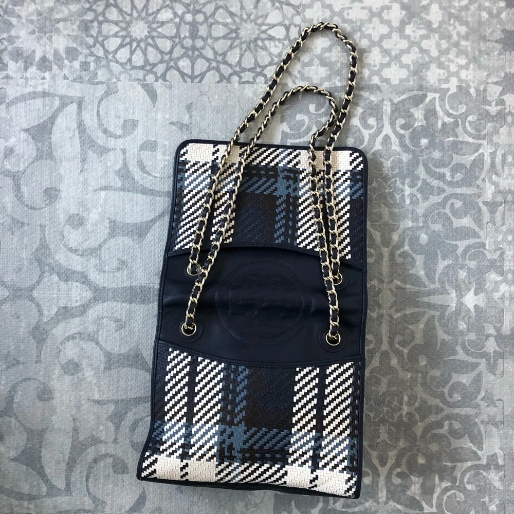 Tory Burch Navy Blue and White Woven Crossbody Bag